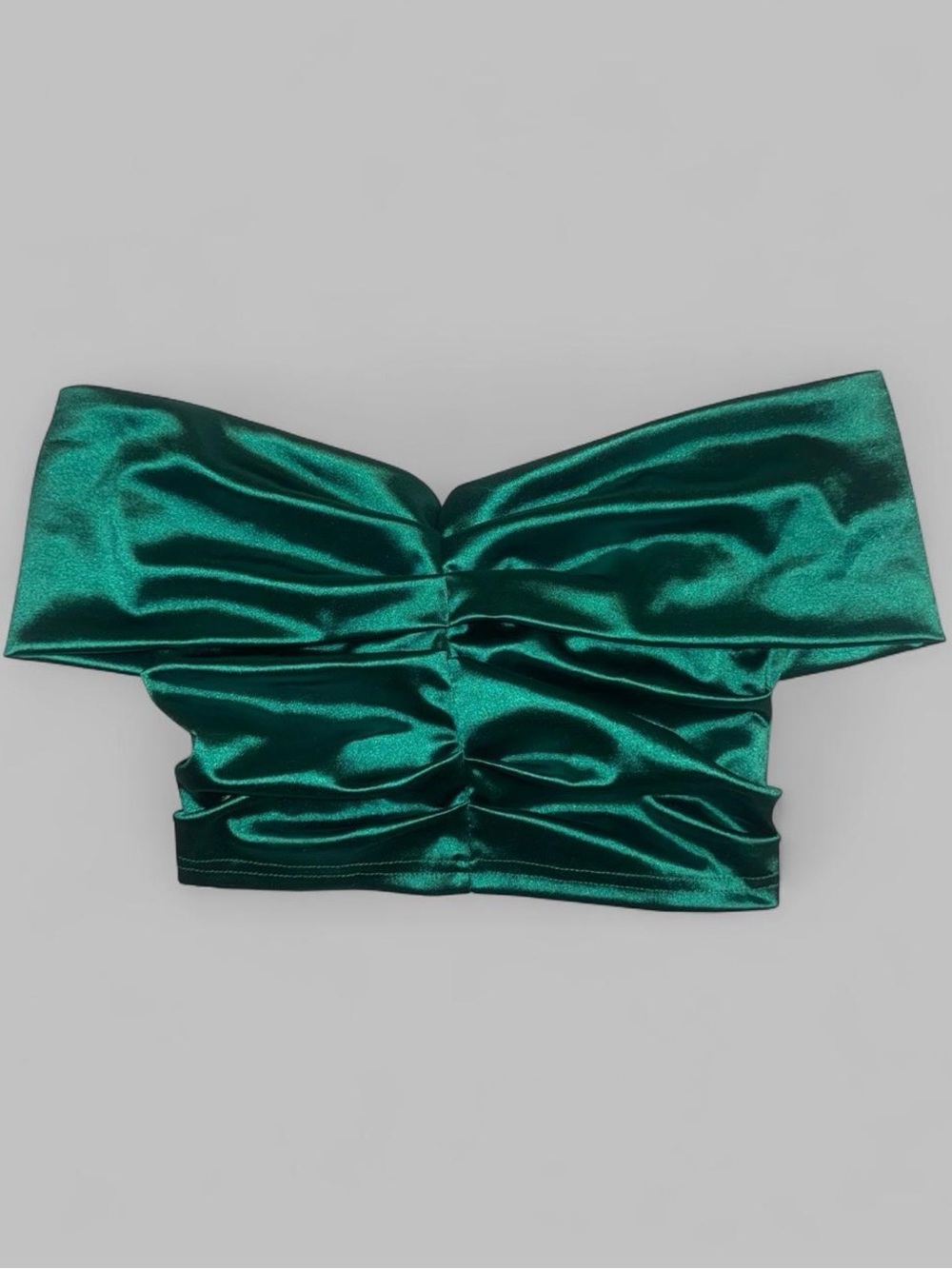 Shiny Teal Off-Shoulder Ruched Satin Crop Top